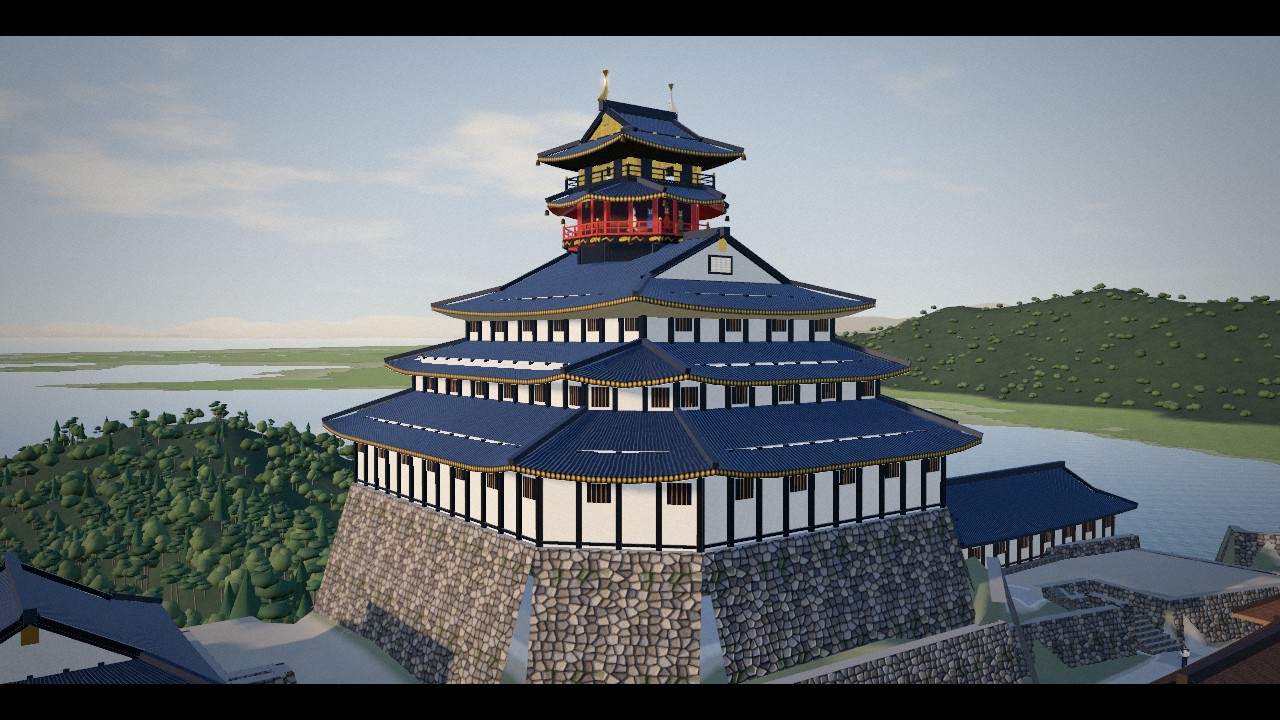 安土城への招待の3Dデモ。安土山の天主と琵琶湖の眺め